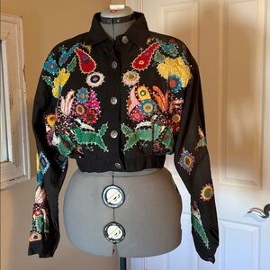 Vintage Crop Jacket Embroidered Folk Art Birds/Floral OTHER DESTINATION F. P.